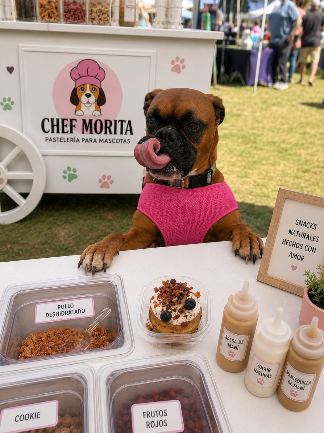 Toppings y salsas dispuestos en la barra del carrito, con un perro eligiendo