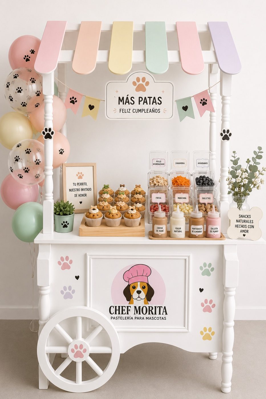 El carrito Chef Morita montado con globos pastel, dispensadores de toppings y salsas
