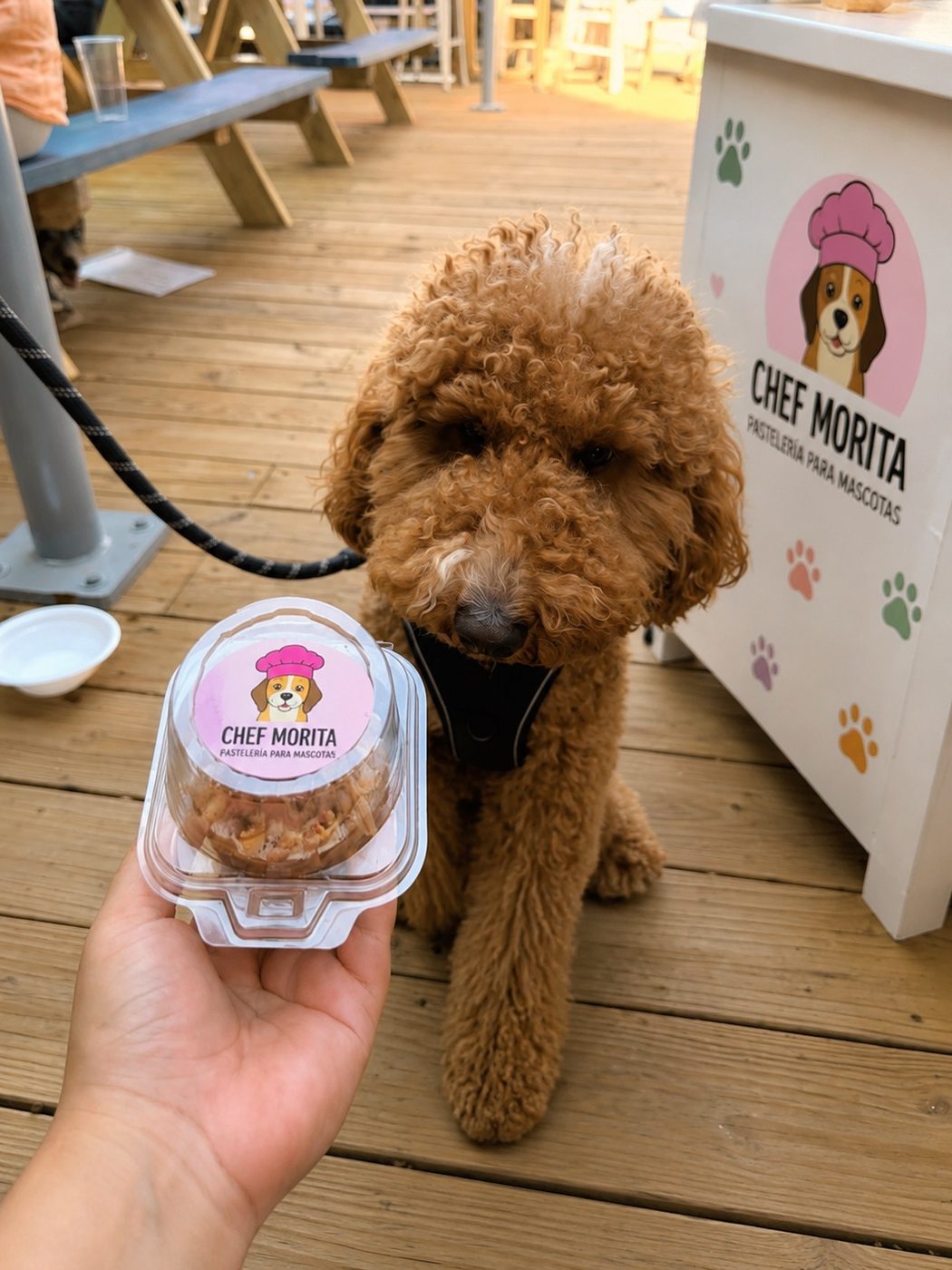 Poodle café sentado junto a su pupcake en envase Chef Morita